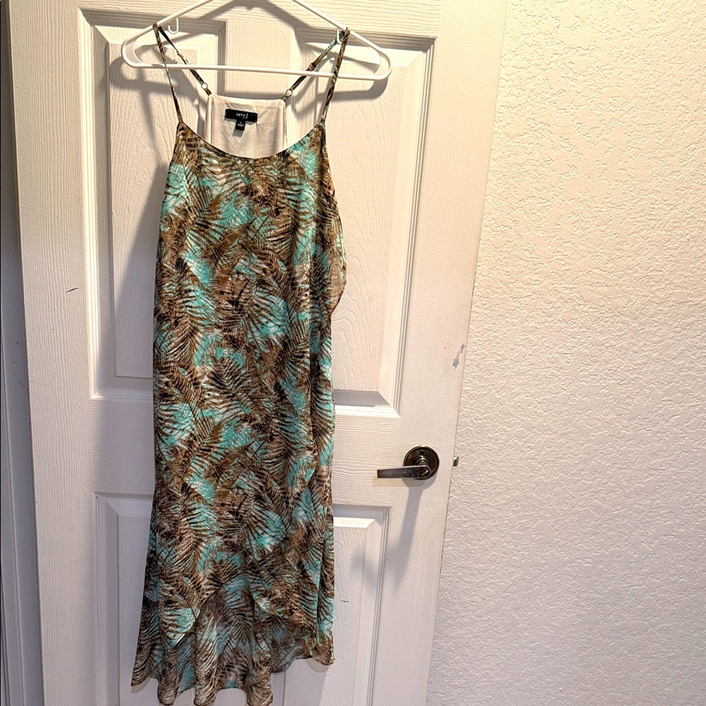 Very J Asymmetrical Leaf Print Dress - Green and Brown